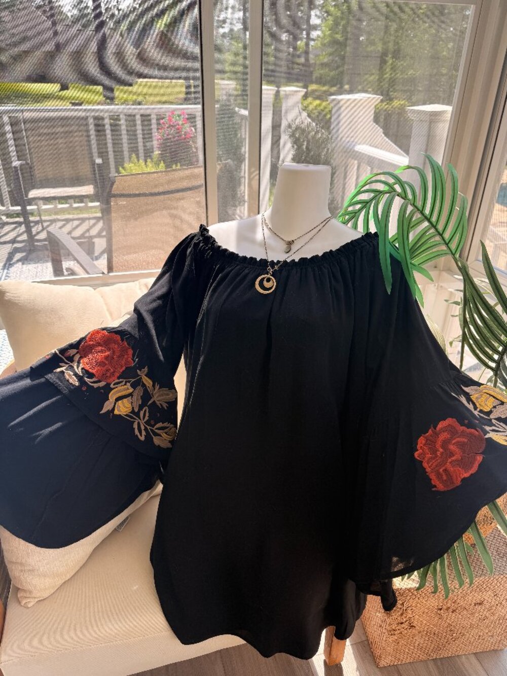 Yahad Boho off Shoulder Dress - Women's M - Black Embroidered Bell Sleeve - Mini